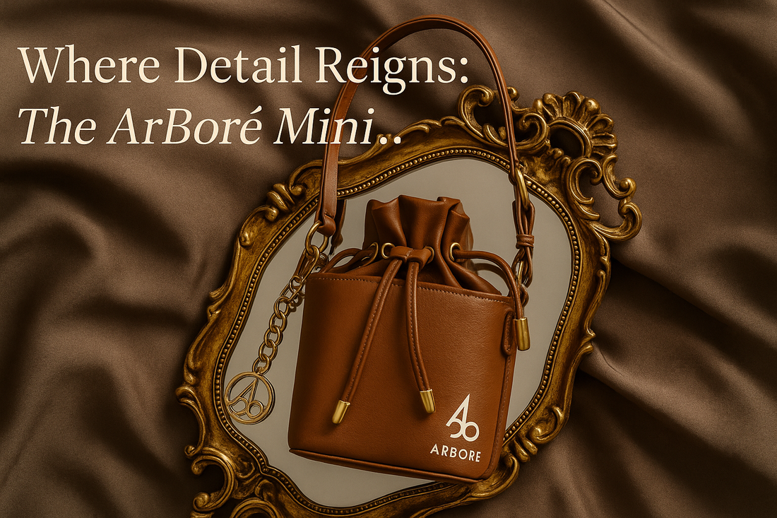 Close-up of an ArBoré mini leather bag with gold hardware, placed against a neutral backdrop with soft shadows — showcasing its detailed craftsmanship.
